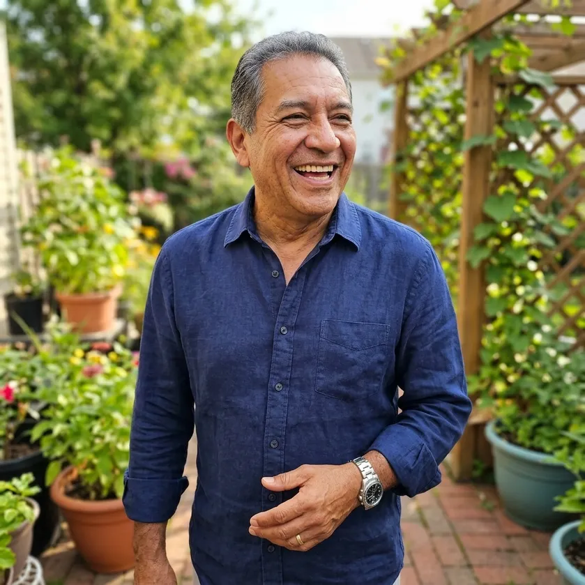 Man in his sixties enjoying his garden, everyday energy and vitality