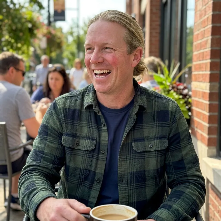 Man laughing with friends over coffee, everyday confidence