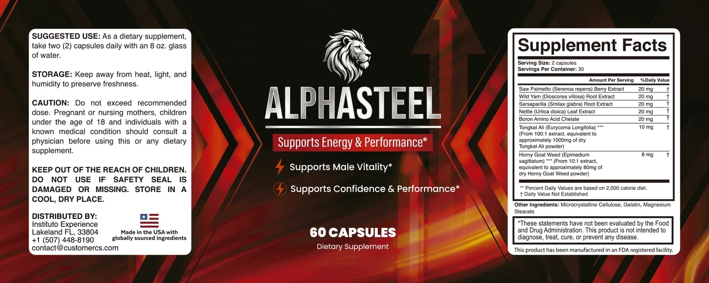 AlphaSteel label and Supplement Facts panel listing all seven actives and their milligram amounts