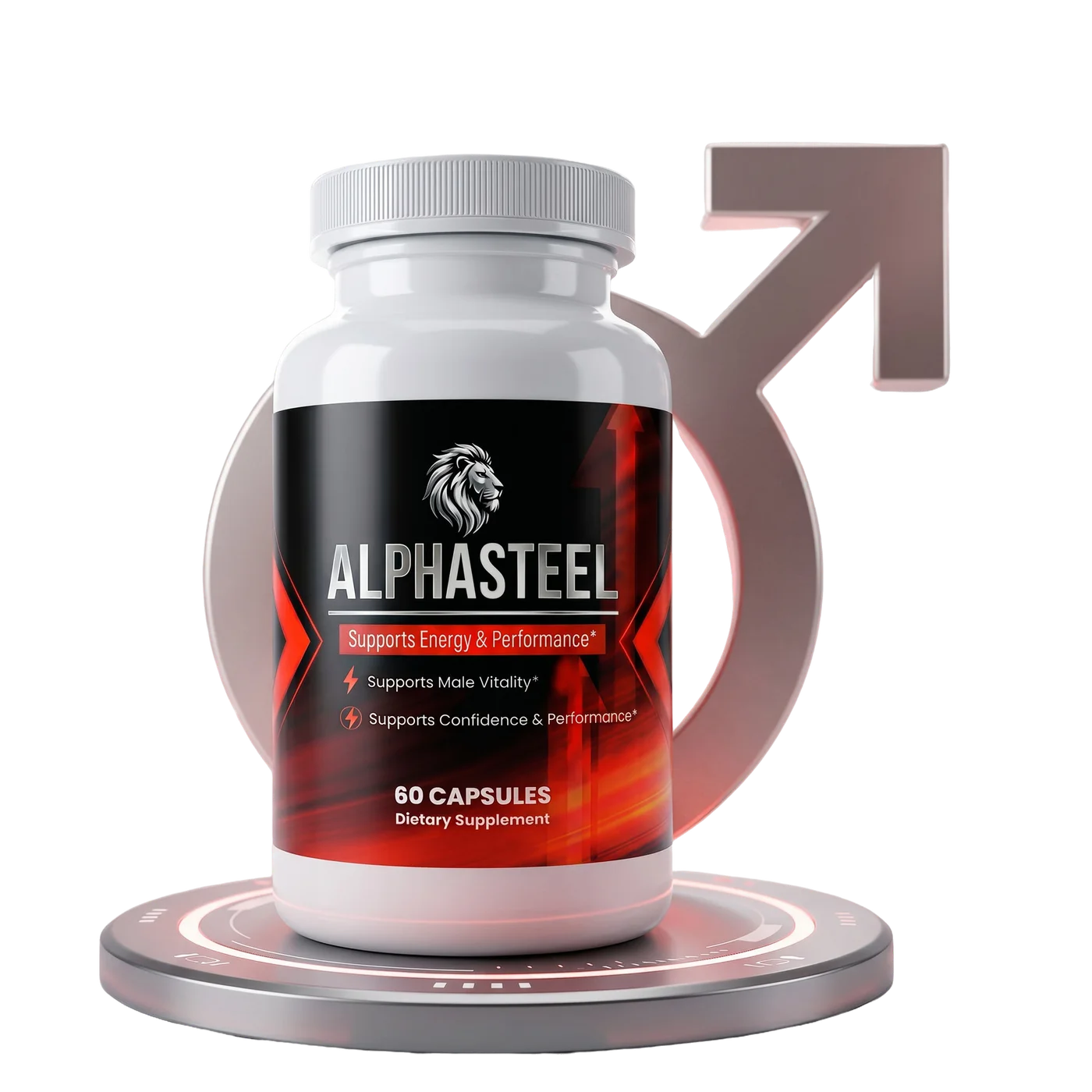 AlphaSteel bottle on a plinth with the male symbol, men's vitality supplement