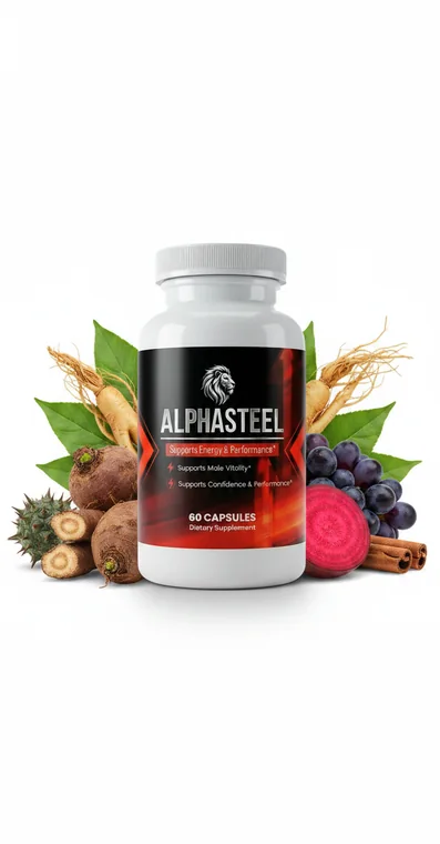 AlphaSteel men's vitality capsule bottle beside its botanicals: saw palmetto berries, roots and herbs