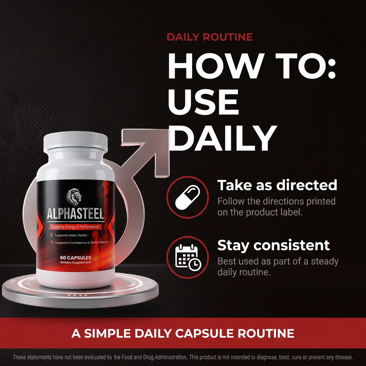 AlphaSteel daily routine card: take as directed and stay consistent