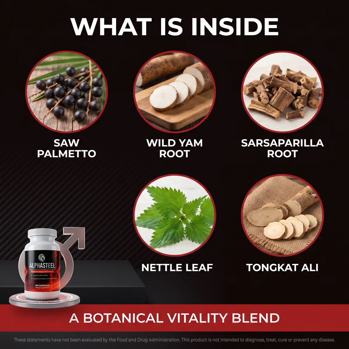 What is inside AlphaSteel: saw palmetto, wild yam root, sarsaparilla root, nettle leaf and Tongkat Ali