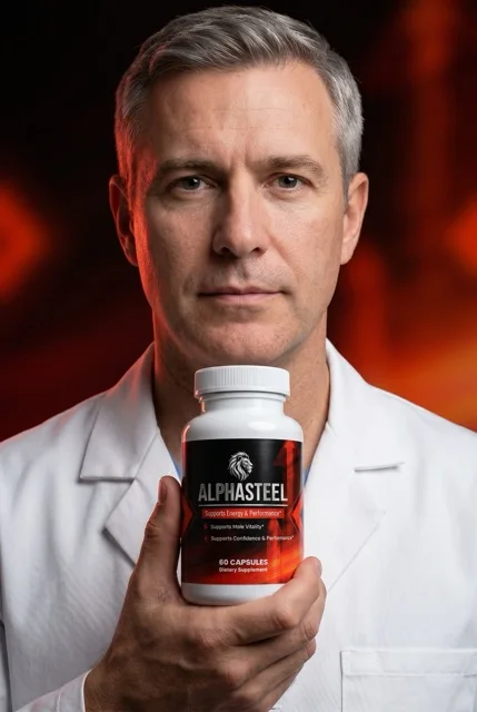 Supplement specialist holding a bottle of AlphaSteel men's vitality capsules