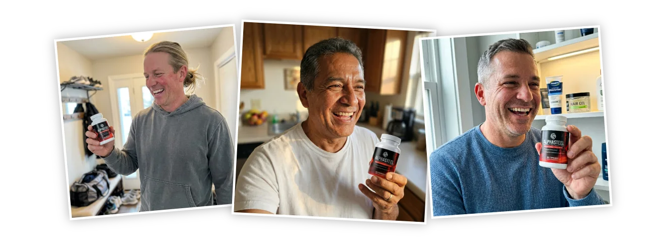 AlphaSteel customer photos: men holding their AlphaSteel men's vitality bottles