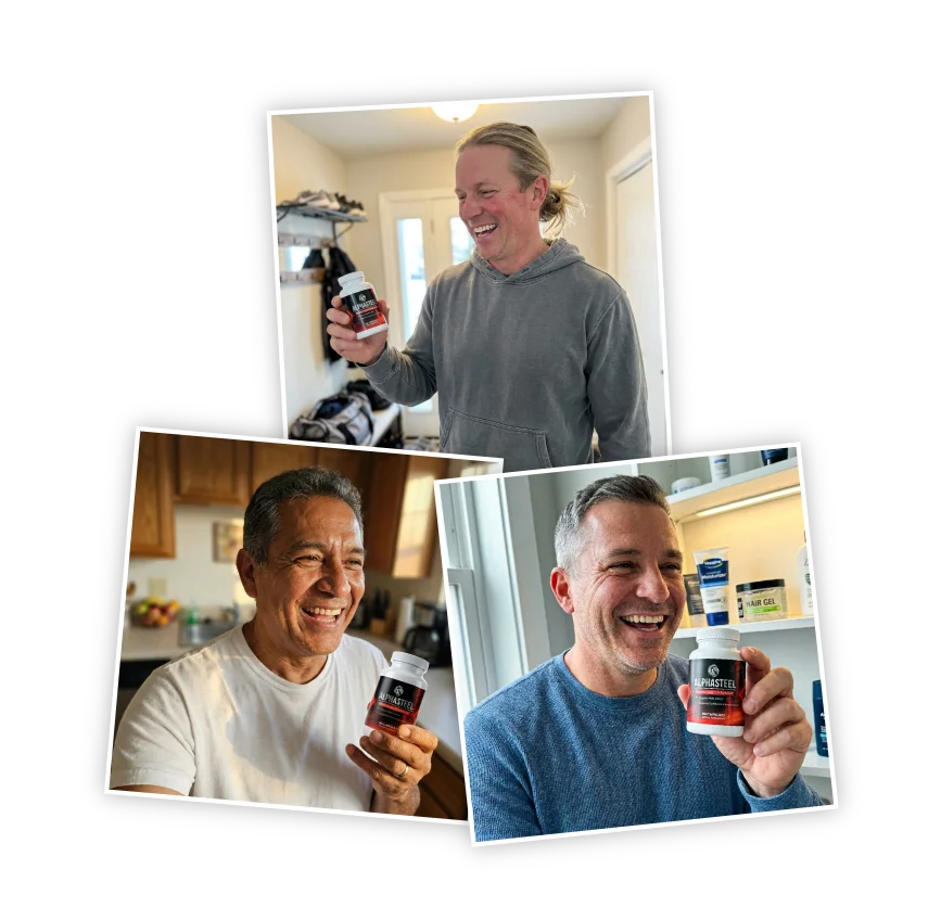 AlphaSteel customer snapshots collage, men's vitality supplement buyers
