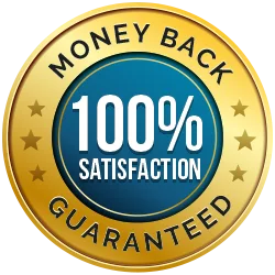 Gold roundel reading Money Back, 100% Satisfaction Guaranteed