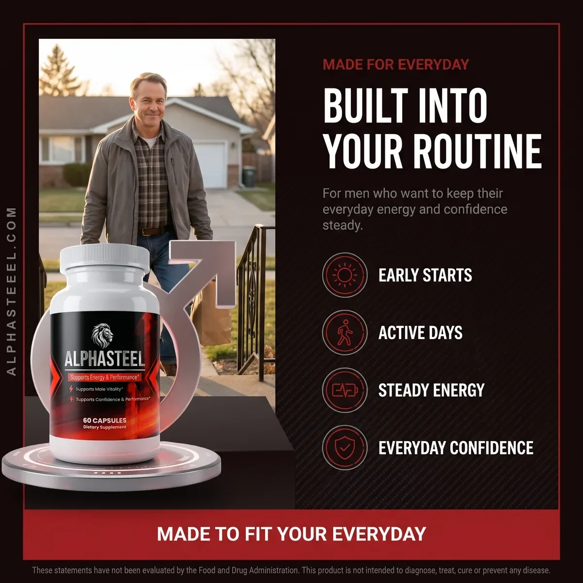 AlphaSteel listing card: a man leaving his front steps with the bottle in the foreground, headed Built Into Your Routine