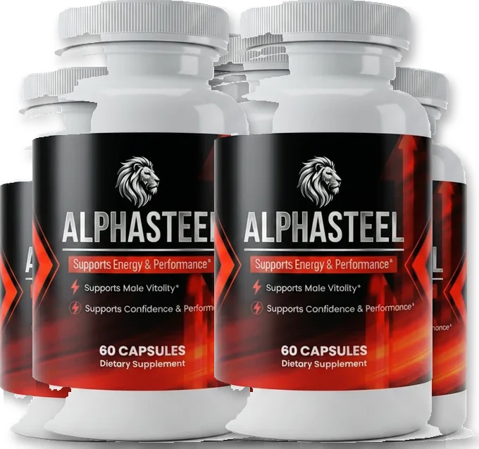 AlphaSteel bottles, each black and red label reading AlphaSteel, 60 Capsules, Dietary Supplement