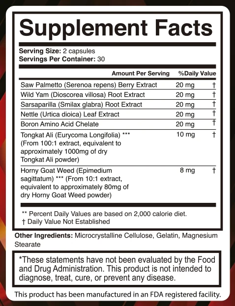 The AlphaSteel Supplement Facts panel: two capsules a serving, 30 servings, seven rows with their milligrams, and a closing line of other ingredients that includes gelatin